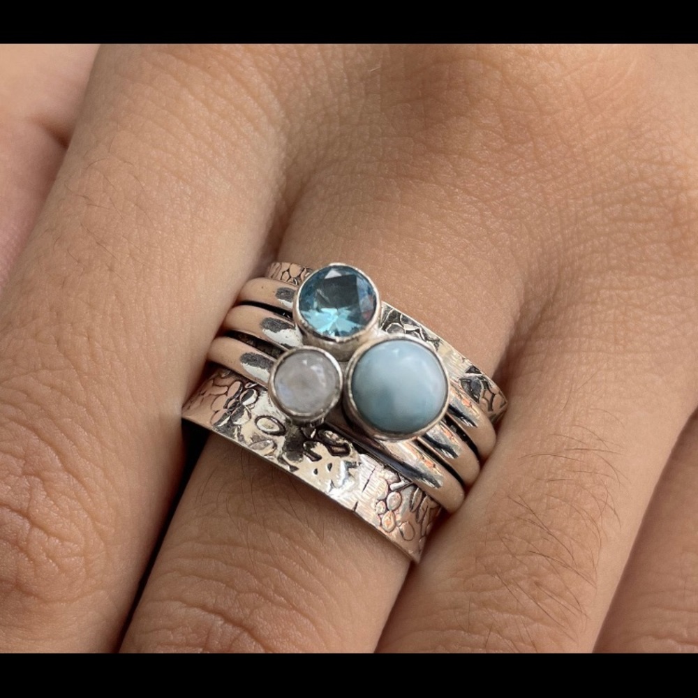 100% solid .925 sterling silver larimar,blue topaz and moonstone spinner ring